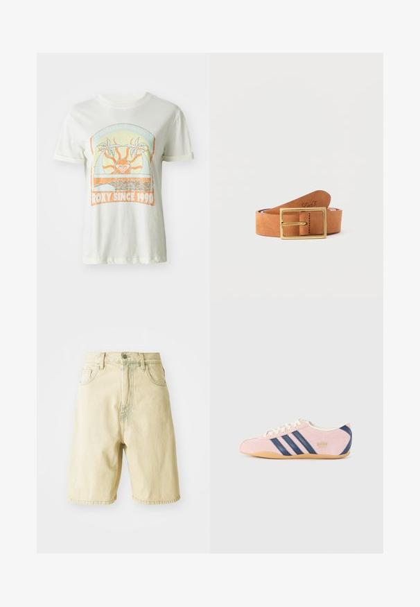 Cremefarvet bomulds t-shirt med et retro grafisk design med palmer, sol og "ROXY SINCE 1990" i orange og teal accenter. Korte ærmer.; Lys gule denim shorts med høj talje, der har bæltestropper, frontknaplukning og sidelommer. Glat tekstur og lige snit.; Lyserøde sneakers lavet af ruskind med marineblå Striber og detaljer. Har en lys cremefarvet tunge og snørebånd, samt en gummisål.; Lysebrunt læderbælte rullet sammen med en rektangulær messing spænde, der ligger fladt på en lysegrå overflade.