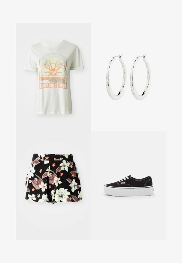 Crème-kleurige katoenen t-shirt met een retro graphic van palmbomen, de zon en "ROXY SINCE 1990" in oranje en teal accenten. Korte mouwen.; Zwarte bloemenkorte broek met grote lichtgroene en oranje bloemen en donkere bladeren, geplooid ontwerp, met zijzakken.; Zwarte canvas sneaker met een witte rubberen platformzool, voorzien van witte veters en stiksels, iconische branding op de zijkant, low-top ontwerp.; Zilveren oorbellen in de vorm van een gladde, glanzende ring. Circulaire vorm, voorzien van een veilige sluiting. Eenvoudig en elegant ontwerp.