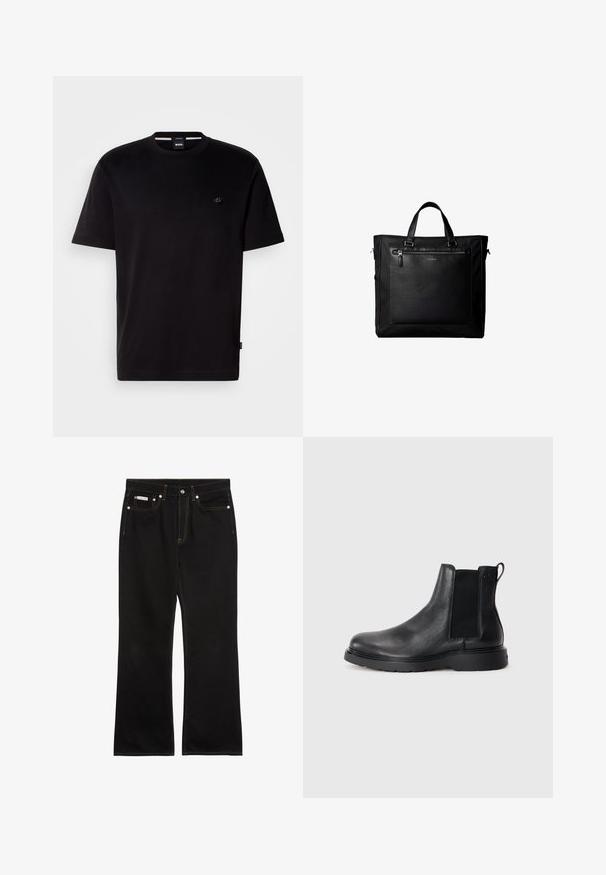 Sort bomuld T-shirt med rund halsudskæring, korte ærmer og en lille logo på venstre side. Enkel design og glat tekstur.; Sorte jeans med lige ben, orange syning, fem lommer, knaplukning og et lille Calvin Klein-mærke på den forreste højre lomme.; Sorte læder chelsea støvler med tekstureret finish, elastiske sidepaneler og en robust gummisål. Subtil branding på hælen.; Sort taske med dobbelte håndtag, stor læderlomme foran med lynlås og diskret Calvin Klein-logo midt på lommen.