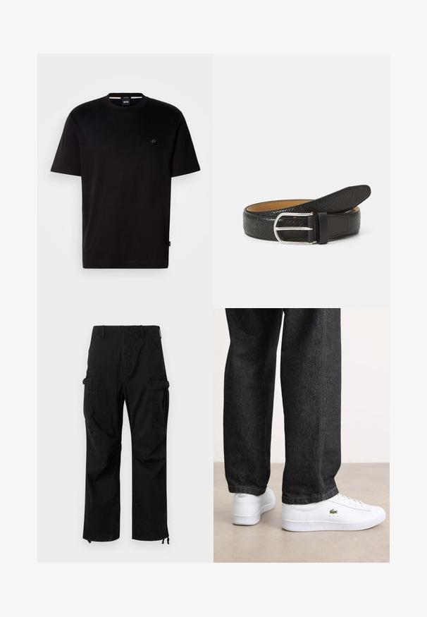 Schwarzes Baumwoll-T-Shirt mit Rundhalsausschnitt, kurzen Ärmeln und kleinem Logo auf der linken Seite. Einfaches Design und glatte Textur.; Schwarze Cargo-Hose mit Front- und Seitentaschen, Knopfverschluss, Gürtelschlaufen und verstellbaren Knöchelriemen, flach auf weißem Hintergrund liegend gezeigt.; Weiße Leder-Sneaker mit einem flachen Design und grünem Logo, kombiniert mit dunklen Jeans aus Denim mit gelben Nähten.; Schwarzer Leder-Gürtel mit strukturiertem Muster, silberner rechteckiger Schnalle und glattem Innenfutter. Verstellbare Länge mit klassischem Design.