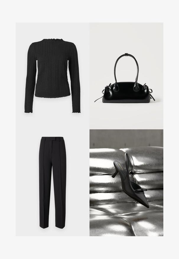 Haut noir à manches longues en côte avec un léger bord en forme de laitue sur le col, les poignets et l'ourlet, présenté sur un fond neutre.; Pantalon noir taillé avec une texture lisse, présentant une coupe droite, des passants pour ceinture et deux plis avant pour plus de détails.; Chaussure à talon noire à bout pointu et bride arrière, avec un petit nœud, reposant sur un revêtement en cuir argenté brillant matelassé.; Petit sac à main noir brillant avec deux longues anses et des détails à cordon sur les côtés sur un fond clair uni.