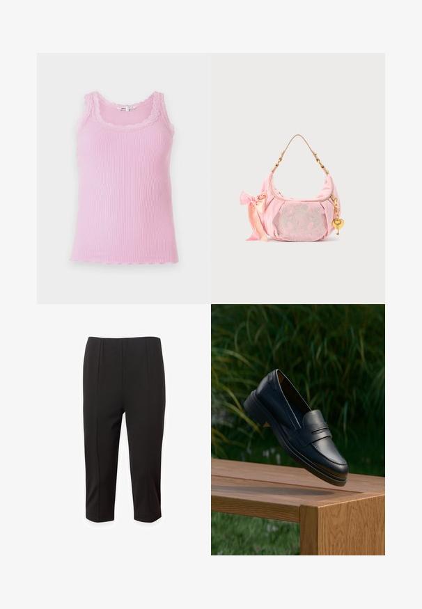 Débardeur ajusté en maille côtelée de couleur rose clair, avec des bordures en dentelle autour du décolleté et des emmanchures, une finition en ourlet festonné et une texture douce.; Pantalons courts noirs en tissu lisse, avec un design ajusté comprenant des plis avant et une coupe droite. Pas de poches visibles ni d'ornements.; Mocassins en cuir noir à texture lisse, présentant un design cousu et un petit talon, exposés sur une surface en bois avec de la verdure en arrière-plan.; Sac à épaule en velours rose Juicy Couture avec bandoulière chaîne dorée, breloque clé en forme de cœur, logo brodé et détail nœud en satin rose.