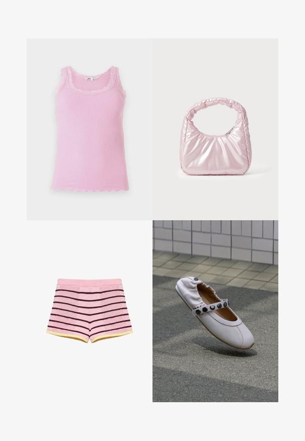 Fitted geribbelde tanktop in lichtroze, met kant rondom de halslijn en armopeningen, een golvende zoom en een zachte textuur.; Roze badstofshorts met horizontale donkerbruine strepen en gele bies bij de pijpopeningen, plat liggend op een witte achtergrond.; Witte leren platte schoen met elastische achterkant en riem versierd met grote zwarte knopen op grijs asfalt met achtergrond van betegelde muur.; Roze, gevoerde handtas met een afgeronde vorm, gemaakt van glanzend materiaal. Beschikt over een geplooide handgreep en een ritssluiting voor veilige toegang.