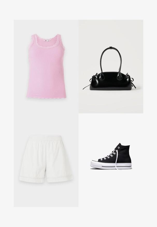 Débardeur ajusté en maille côtelée de couleur rose clair, avec des bordures en dentelle autour du décolleté et des emmanchures, une finition en ourlet festonné et une texture douce.; Shorts en lin blanc avec une taille élastique, coupe décontractée et bord en dentelle décoratif à l'ourlet. Texture lisse et design décontracté.; Baskets montantes en toile noire avec semelle en caoutchouc blanche et lacets blancs, vues de côté sur un fond blanc.; Petit sac à main noir brillant avec deux longues anses et des détails à cordon sur les côtés sur un fond clair uni.