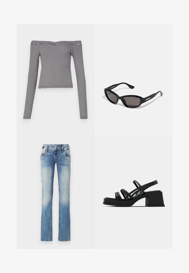 Zwart-witte gestreepte off-the-shoulder lange mouwen top van zachte stof met een getailleerd ontwerp en smalle neklijn.; Lichtblauwe denim jeans met een rechte pijp, voorzien van een vijfknopen sluiting, voorzakken en subtiele vervagingdetails.; Zwarte hakken sandalen met meerdere dunne banden en een brede blokhak. Strak ontwerp met een matte textuur. De voetbed heeft een lichte curve.; Zwarte zonnebril met een rechthoekig frame, donkere lenzen, gladde plastic materiaal en een metalen accent op de poot.