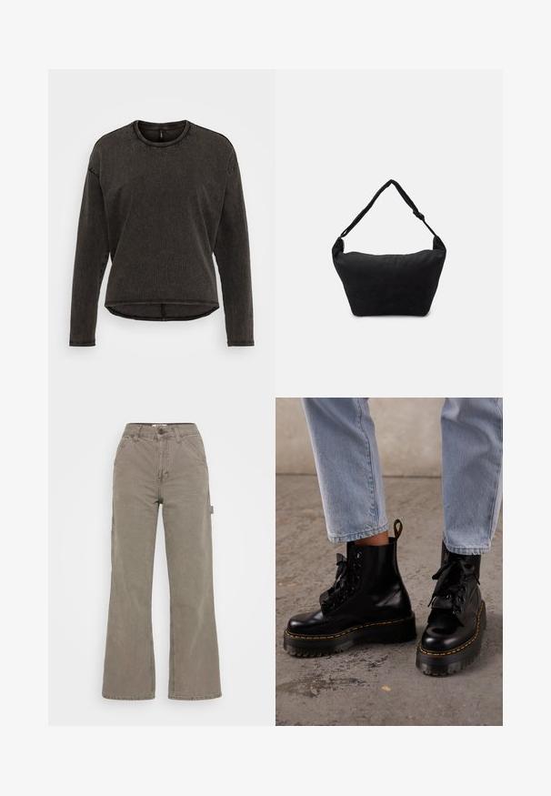 ONLY ONLLILA O NECK STUD - Longsleeve - black washed; BDG Urban Outfitters CARPENTER - Broek - washed grey; Persoon draagt lichtblauwe spijkerbroek en zwarte leren veterplatformlaarzen met gele stiksels op een betonnen vloer.; Zwarte stoffen schoudertas met een zachte, gestructureerde oppervlakte, ronde vorm en een enkele strap. Minimalistisch ontwerp zonder zichtbare hardware of accenten.