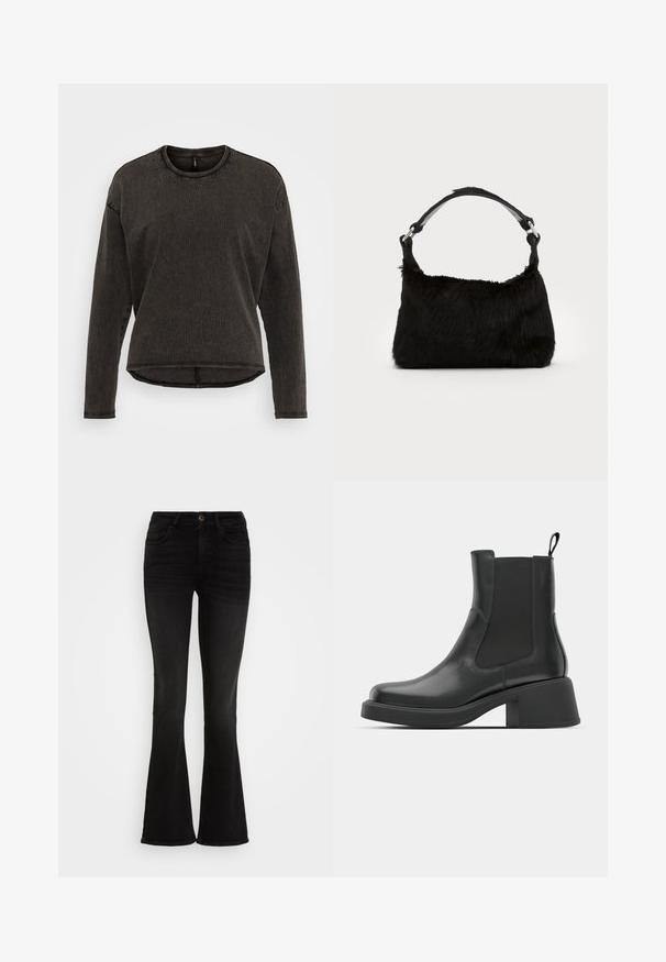 ONLY ONLLILA O NECK STUD - Langærmet T-shirt - black washed; Sorte flagrende jeans lavet af denimstof, med høj talje, fem lommer og en frontknaplukning. Glat tekstur med minimal detaljer.; Sorte læder ankelstøvler med elastiske sidepaneler, afrundet tå og en kraftig blokhæl. Glat tekstur med et minimalistisk design.; Sort faux fur håndtaske med en blød tekstur, rund form og en robust skulderrem i sort læder. Synlige sølvhardware-detaljer.