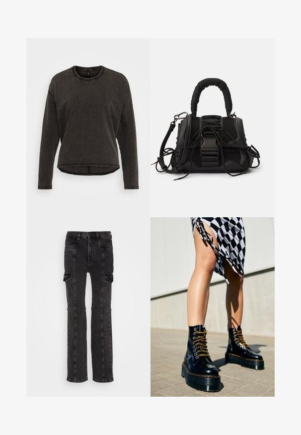 ONLY ONLLILA O NECK STUD - Langarmshirt - black washed; GAP 90S LOOSE HAINE - Jeans Relaxed Fit - black wash; Schwarze Leder-Plateau-Stiefel mit klobigen Sohlen, goldenen Schnürsenkeln und orangefarbenen Nähten, kombiniert mit einem karierten Rock, der einen seitlichen Schlitz zeigt.; Schwarze Handtasche mit einem Netzaußenmaterial, geflochtenem Griff und dekorativer Schnürung. Inklusive abnehmbaren Riemen und kontrastierenden Hardware-Elementen.