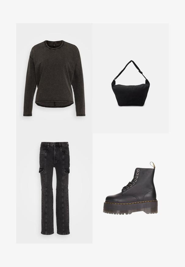 ONLY ONLLILA O NECK STUD - Top s dlhým rukávom - black washed; GAP 90S LOOSE HAINE - Džínsy voľného strihu - black wash; Čierne kožené členkové topánky so šiestimi očkami na šnurovanie, žltým vyšívaním a priehľadnou platformou so zúbkovaným okrajom.; Čierna textilná ramenná taška s mäkkým štruktúrovaným povrchom, zaobleným tvarom a jedným popruhom. Minimalistický dizajn bez viditeľného hardvéru alebo akcentov.