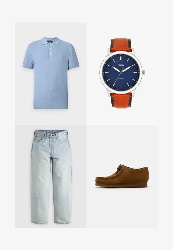 Hellblaues Strick-Poloshirt mit kurzen Ärmeln, drei weißen Knöpfen und flachem Kragen, vor einem schlichten weißen Hintergrund präsentiert.; Hellblaue Jeans aus Denim mit geradem Bein, fünf Taschen und einem Knopfverschluss; mit verblassten Bereichen und dezenten Nähdetails.; Braune Wildlederschuhe mit runder Spitze und niedrigem Absatz, mit detaillierten Nähten entlang der Nähte und einer Schnürung auf der Vorderseite. Weiche Textur mit schlankem Design.; Runde silberne Fossil-Uhr mit blauem Zifferblatt, goldenen Stundenmarkierungen und Zeigern sowie braunem Lederarmband. Die Uhrzeit zeigt 10:10:35 an.