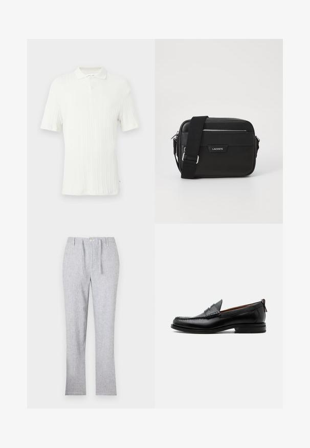 Weißes Kurzarm-Poloshirt mit geripptem Strukturmuster, Kragen und einer einzelnen Knopfleiste oben.; Hellgraue Hose aus strukturiertem Stoff, mit Knopfverschluss, Gürtelschlaufen und geradem Bein-Design. Keine sichtbaren Muster.; Schwarzer Leder-Herrenschuh mit Mokassinnaht, Penny-Riemen, strukturiertem Kragen und niedrigem gestapeltem Absatz auf weißem Hintergrund.; Schwarze Umhängetasche aus strukturiertem synthetischem Material, mit silbernem Beschlag, verstellbarem Gurt, ausgestattet mit einem Logo-Schild auf der Vorderseite und einem Reißverschluss.