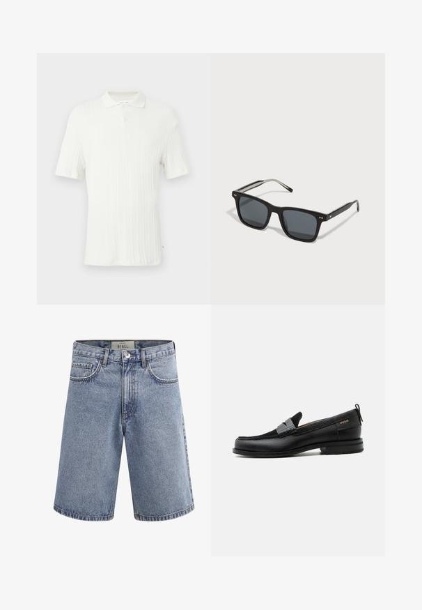 Witte polo met korte mouwen en geribbelde textuur, een kraag en een enkele knoopsluiting aan de bovenkant.; Lichtblauwe denimshorts met voorzakken, riemlussen, knoopsluiting en een label aan de binnenkant van de tailleband met de tekst "REBEL".; Zwarte leren loafer met grijs riemdetailelement, lage hak en gestructureerde zool, aan de zijkant gebrandmerkt met "HUGO" in goud.; Zwarte vierkante zonnebril met donkere lenzen, kunststof montuur, metalen accenten en ondertekend logo op de poot. Strak ontwerp met een moderne uitstraling.