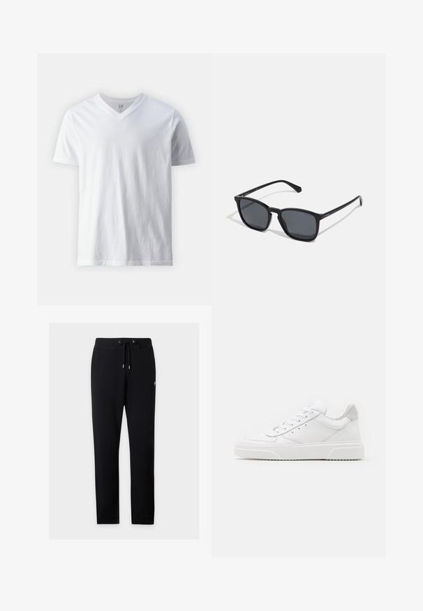 T-shirt blanc à manches courtes et décolleté en V en coton. Présente un design sobre avec une texture lisse et une coupe décontractée.; Pantalon de jogging noir à cordon avec taille et poignets élastiques, présenté sur fond gris clair.; Des baskets en cuir blanc avec une finition lisse, un bout rond, des lacets plats et une semelle texturée. Accents en daim gris au niveau du talon.; Lunettes de soleil noires rectangulaires avec des verres foncés, des montures en plastique élégantes et des branches droites. Présente un logo discret sur le côté.