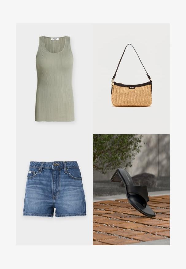 Ærmeløs ribstrikket tanktop i lys olivengrøn med rund halsudskæring og mærke syet indeni kraven.; Denimshorts i mellemblå, med fem lomme-design, bæltestropper og frynsede kanter. Standard knap- og lynlåslukning.; Sort Calvin Klein hælet sandal med tå-loop på trægulv udendørs nær et træ og en stenmur.; Lille beige vævet håndtaske med sort kant, sort skulderrem, gyldent lynlås og BOSS-logo i midten foran.
