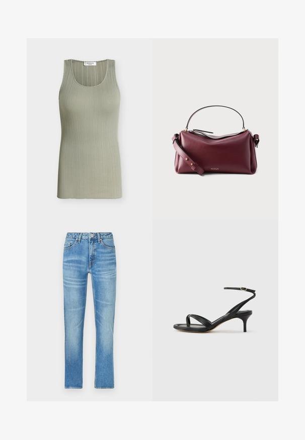 Ærmeløs ribstrikket tanktop i lys olivengrøn med rund halsudskæring og mærke syet indeni kraven.; Lyseblå denimjeans med lige ben, der har forlommer, knaplukning og diskret falmning over stoffet.; Sort damesandal i læder med tynde remme, en tå-loop, ankelspænde og en mellemhøj stiletthæl på en neutral baggrund.; Mørkerød lædertaske med top håndtag, justerbar skulderrem, guldfarvet hardware og lille "NEOUS" logo på forsiden.
