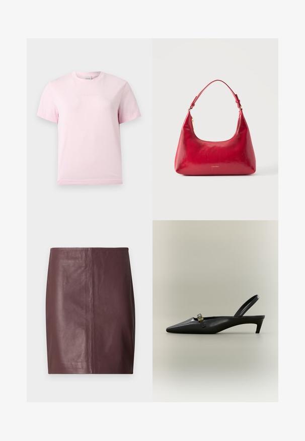 T-shirt rose clair à manches courtes et col rond avec un logo "Calvin Klein" en relief subtil centré sur la poitrine.; Jupe crayon en cuir marron foncé avec un devant droit et lisse, accentué par des coutures verticales discrètes au centre.; Escarpin slingback en cuir noir avec talon kitten, bout pointu et petite boucle dorée sur un fond uni.; Sac à épaule en cuir rouge avec fermeture éclair dorée et sangle réglable, logo Calvin Klein centré à l'avant.