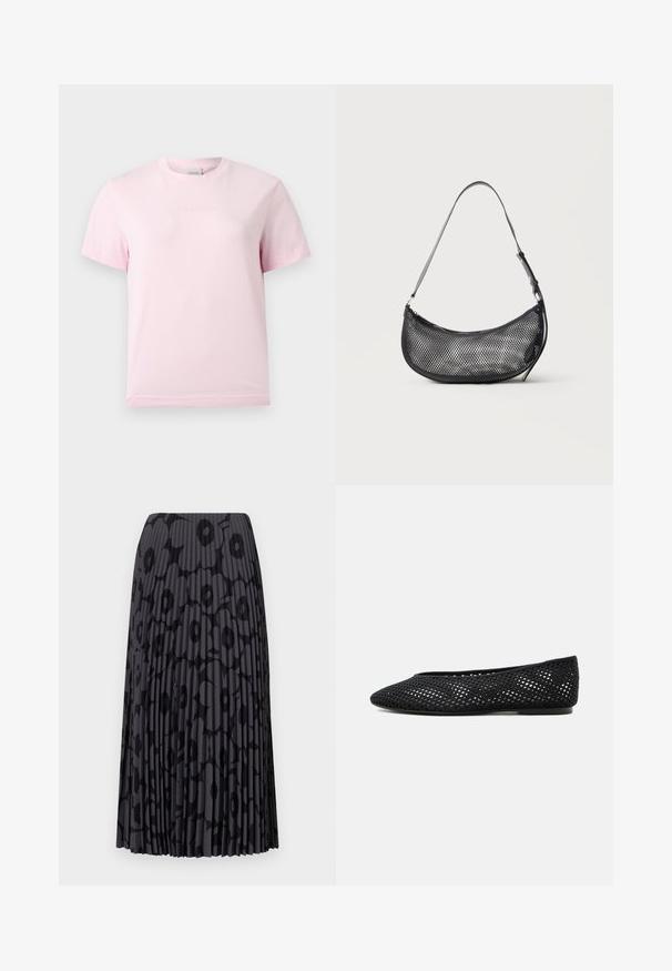 Camiseta de manga corta y cuello redondo en rosa claro, con un sutil logo en relieve de "Calvin Klein" centrado en el pecho.; Falda negra plisada con un patrón floral, hecha de tela ligera; presenta rayas verticales y una cinturilla elástica.; Zapato plano de malla negra con puntera cerrada y tacón bajo, con un diseño tejido transpirable y un logo lateral sutil.; Pequeño bolso de hombro negro de malla con forma de media luna y correa fina ajustable, sobre un fondo claro y liso.