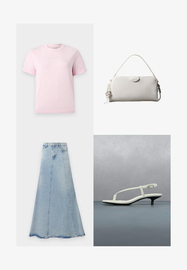 Svetloružové tričko s krátkym rukávom a okrúhlym výstrihom, s jemne vyrazeným logom "Calvin Klein" vycentrovaným na hrudi.; Svetlomodrá denim sukňa s rozšíreným A-liniovým strihom, so zapínaním na gombíky vpredu, pútkami na opasok a viditeľnými detailmi šitia.; Biela sandála na podpätku kitten s remienkami a zašpicatenou špičkou, lietajúca nad drevenou dlažbou vonku s rozmazaným pozadím rastlín a steny.; Biela obdĺžniková kabelka Calvin Klein s jedným rúčikom, minimalistickým dizajnom a dekoratívnymi strapcami s geometrickým kovovým príveskom na boku.