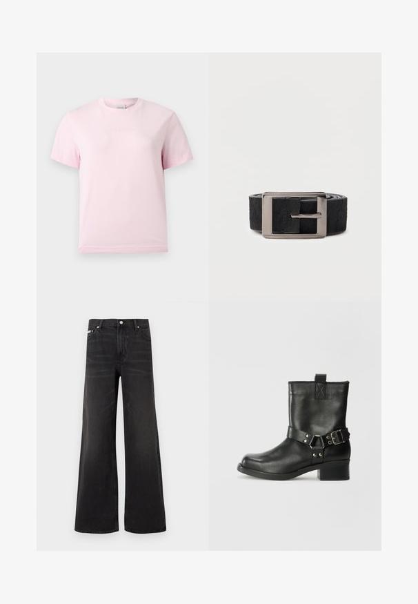 Hellrosa Kurzarm-T-Shirt mit Rundhalsausschnitt und dezentem, erhabenem "Calvin Klein"-Logo in der Mitte der Brust.; Schwarze Jeans mit weitem Bein, vorne mit Knopf- und Reißverschluss, Gürtelschlaufen und Fünf-Taschen-Stil.; Samsøe Samsøe SABRENTA - Cowboy-/Bikerstiefelette - black; Texturierter schwarzer Ledergürtel mit einer silbernen rechteckigen Schnalle, ausgestattet mit einer glatten Oberfläche und einem schmalen, eleganten Design.