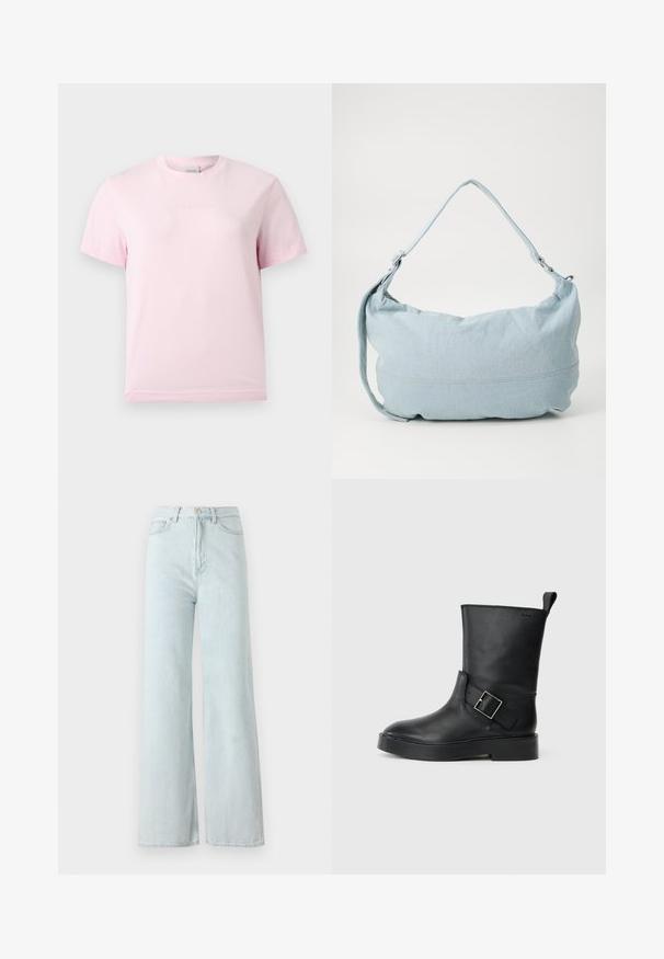 Lyserød T-shirt med korte ærmer og rund hals med et diskret præget "Calvin Klein"-logo i midten af brystet.; Lysblå vid bukser med høj talje, lavet af denimstof. Har en lukning med knap og lynlås samt forlommer.; Sort læder ankelstøvle med rund tå, flad sål og en sølv spænde accent på siden. Har en løkke bagpå til nem påtagning.; Lysblå denim skuldertaske i en rund form, justerbar rem og diskret syning langs den nederste kant. Blød tekstur.