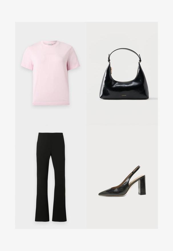 T-shirt rose clair à manches courtes et col rond avec un logo "Calvin Klein" en relief subtil centré sur la poitrine.; Pantalon noir évasé en tissu stretch, avec une texture lisse et une taille haute. Design simple sans motifs ni accents visibles.; Chaussure slingback en cuir noir à bout pointu avec un talon bloc haut et une doublure intérieure beige sur un fond clair uni.; Sac à main Calvin Klein noir brillant avec fermeture éclair dorée et anse courte sur fond blanc uni.