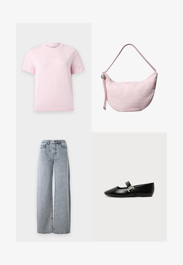 Lichtroze T-shirt met korte mouwen en ronde hals, voorzien van een subtiel reliëf "Calvin Klein"-logo in het midden van de borst.; Licht gewassen denim wijde pijpen jeans met een hoge tailleband, voorzien van voorzakken, riemlussen en contrasterende stiksels.; Zwarte leren Mary Jane platte schoen met een afgeronde neus en zilveren gespsluiting op een effen achtergrond.; Zachtroze, sikkelvormige schoudertas met verstelbare koordriem, metalen stopper en een subtiel geperst "cK"-logo in het midden aan de voorkant.