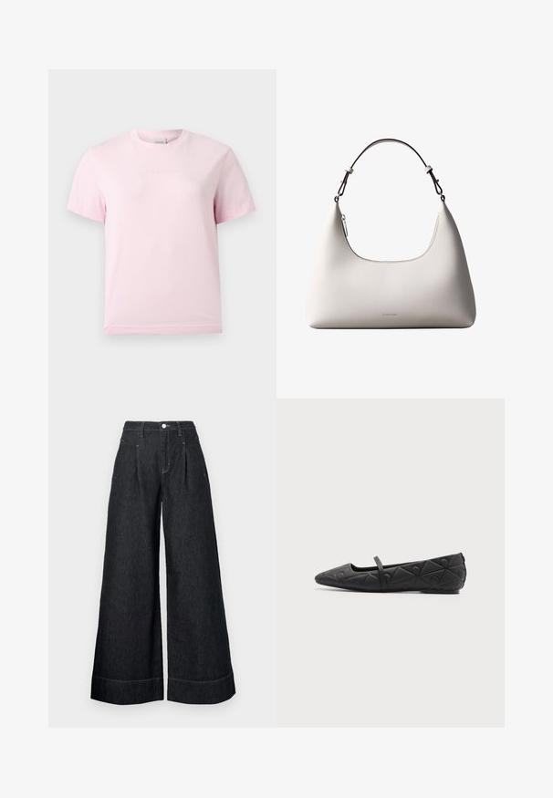 Heledalt roosa lühikeste varrukatega ümarakaelusega T-särk, mille rinnal on peenelt reljeefne "Calvin Klein" logo.; Laia musta denimitest vöökohaga püksid, millel on ees voldid, nööbikinnitus ja kontrastsete õmblustega servad.; Mustad tikk-kirjutusega terava ninaga lamedad kingad ja õhuke rihm jala peal tasasel taustal.; Kreemjagu Calvin Kleini nahast õlakott kõverdatud ülaäärtega, hõbedase tõmblukuga ja tumepruuni reguleeritava rihmaga.