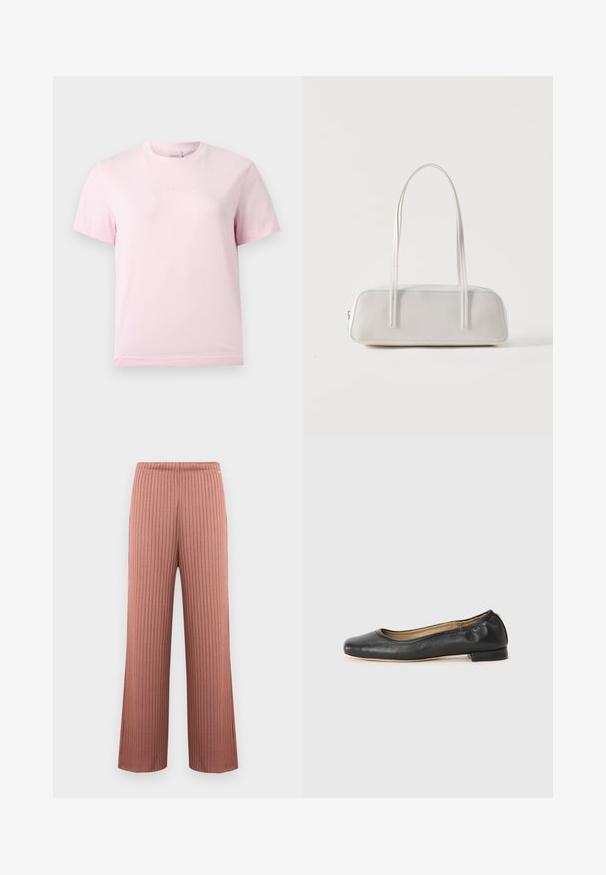 T-shirt rose clair à manches courtes et col rond avec un logo "Calvin Klein" en relief subtil centré sur la poitrine.; Pantalon en maille côtelée à jambes larges couleur rose poudré avec une taille élastique et de fines rayures verticales, présenté sur un fond uni.; Ballerines en cuir noir avec un bout arrondi et des coutures minimales. Talon bas et rectangulaire avec une texture lisse. Détails subtils de doublure intérieure.; Sac d'épaule rectangulaire blanc avec des bretelles longues et fines, couture minimale, et fermeture éclair sur un fond uni.