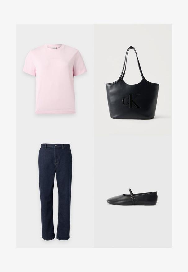Lichtroze T-shirt met korte mouwen en ronde hals, voorzien van een subtiel reliëf "Calvin Klein"-logo in het midden van de borst.; Donkerblauwe denim jeans met een recht lijn ontwerp, voorzien van een ritssluiting, frontzakken en zichtbare stiksels in een contrasterende kleur.; Zwarte leren balletschoenen met een spitse neus, platte zool en een kleine strap met een zilveren gespsluiting.; Zwarte leren totebag met dubbele lange handvatten en een verhoogd CK-logo dat op de voorkant is geperst, tegen een effen achtergrond.