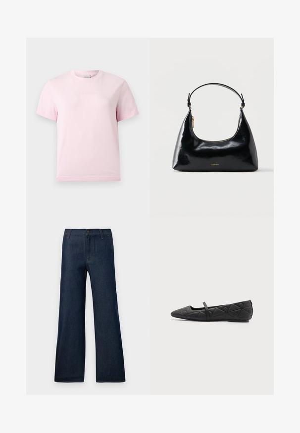 Lyserød T-shirt med korte ærmer og rund hals med et diskret præget "Calvin Klein"-logo i midten af brystet.; Mørkeblå bukser med brede ben lavet af denim, med et klassisk fem-lommen design, knaplukning og subtile syninger.; Sort flad sko med spids tå, quiltede geometriske mønstre og en tynd rem over vristen på en ensfarvet baggrund.; Sort blank Calvin Klein håndtaske med gyldent lynlås og kort rem mod en ensfarvet hvid baggrund.