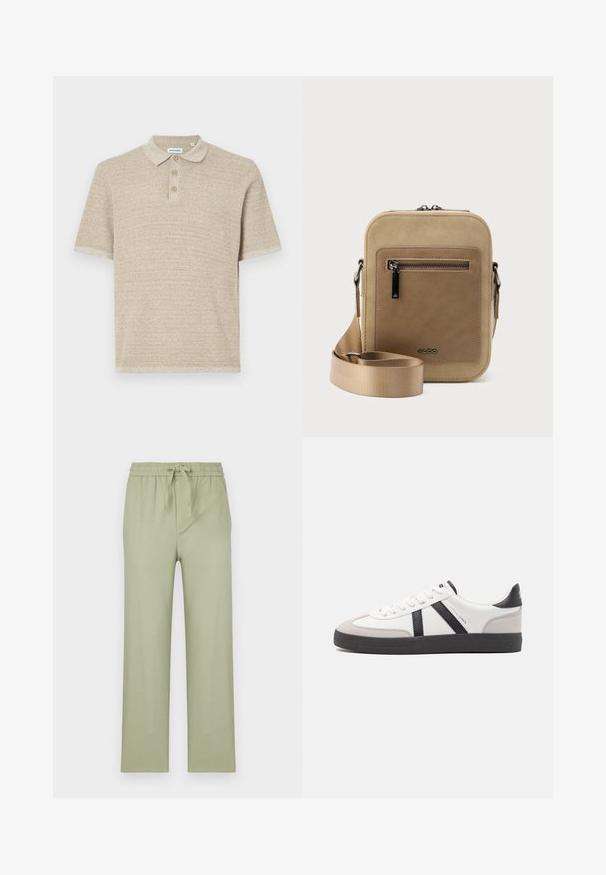Polo shirt beige, manches courtes, en tissu tricoté texturé, patte de boutonnage à trois boutons, col classique, motif subtil, coupe décontractée.; Pantalons en vert olive clair, fabriqués en tissu doux. Dotés d'une taille élastique avec cordon de serrage et de jambes droites à coupe ample.; Baskets blanches avec des accents noirs et gris, présentant un embout texturé gris, une semelle en caoutchouc noir et des lacets plats blancs. Design épuré, style minimaliste.; Petit sac bandoulière beige avec poche avant zippée, logo métallique ALDO, sangle large ajustable et forme rectangulaire arrondie sur fond blanc.