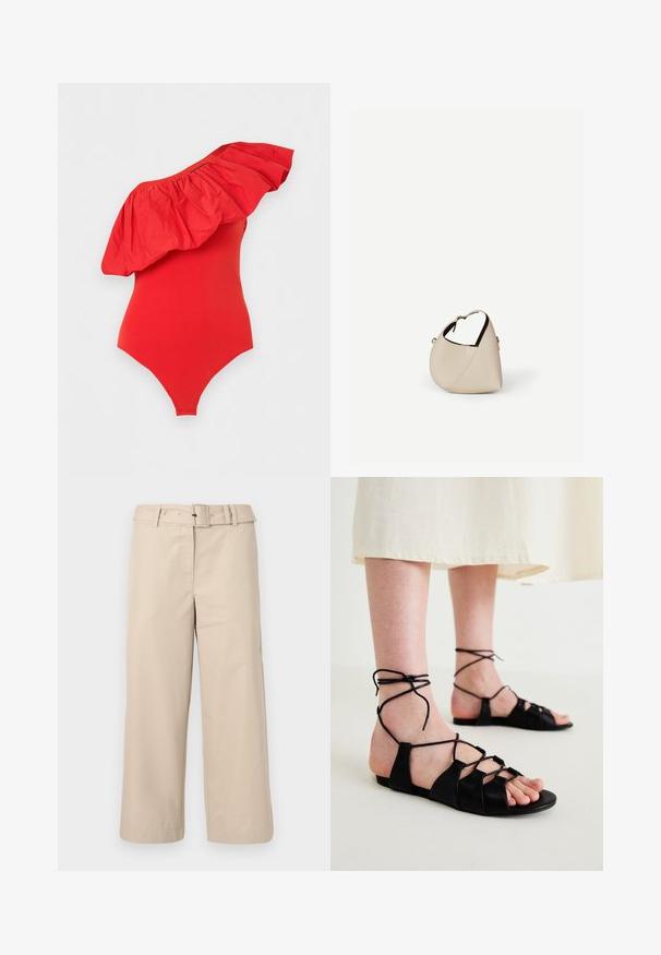 Rood one-shoulder body met grote gerimpelde halslijn en aangesloten silhouet tegen een effen achtergrond.; Beige, wijde broek van gladde stof. Heeft een riem in de taille en twee zijzakken. Schone naden en afgewerkte zoom.; Zwarte leren platte sandalen met een kruislingse ontwerp en enkelbandjes, met een effen textuur en een open teenstijl.; Beige leren handtas in halvemaanvorm met een enkele schouderband en minimale stiksels, afgebeeld tegen een effen witte achtergrond.
