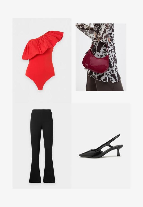 Body rojo de un solo hombro con gran escote con volantes y silueta ajustada sobre fondo liso.; Pantalones de campana negros con canalé y cintura alta. Material suave y elástico que proporciona una silueta ceñida y un final acampanado para estilo y comodidad.; Tacones de slingback negros con punta afilada, hechos de material brillante, que presentan acentos recortados y un tacón moderado para mayor soporte.; Mujer con blusa de estampado en blanco y negro sosteniendo un bolso de hombro rojo brillante sobre un fondo liso.