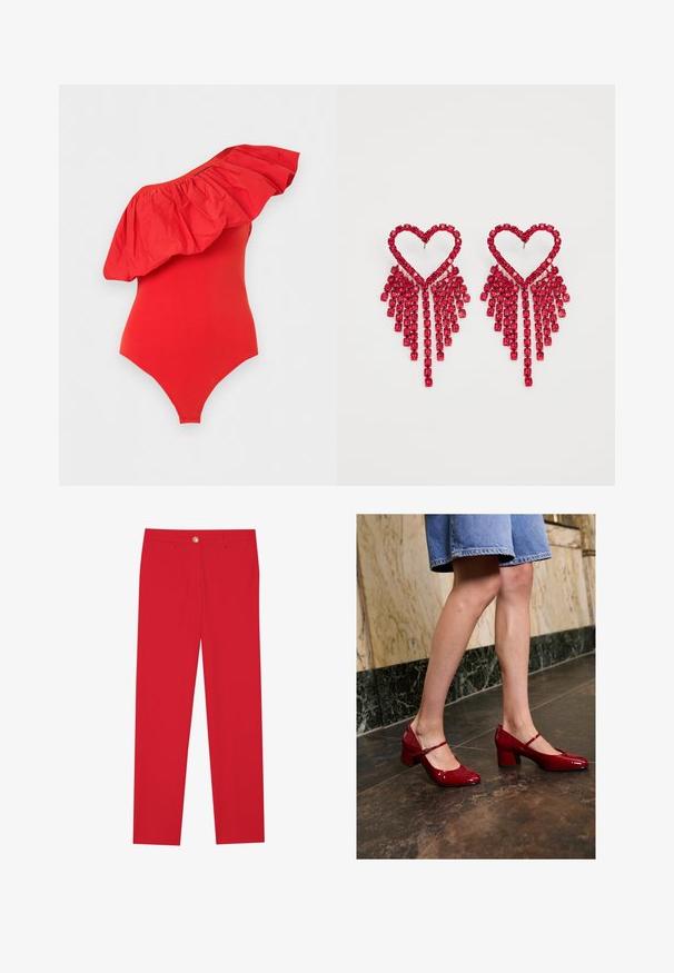 Rød asymmetrisk bodystocking med stor rynket halsudskæring og tilpasset silhuet mod ensfarvet baggrund.; Røde bukser med lige pasform, flad front, enkelt knaplukning og to sidelommer. Glat stof uden synlige mønstre eller accenter.; Person iført skinnende røde Mary Jane blokhæle og nederdel i blå denim, som står på en mørk flisebelagt gulv nær en marmormur.; Even&Odd by Zalando Øreringe - red