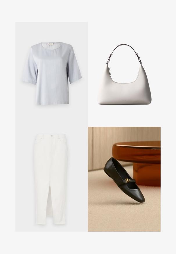 Haut gris clair à manches courtes avec un col rond, en tissu doux. Design simple avec une coupe ample, présentant des bords nets et sans ornements.; Jupe en denim blanc avec une fente à l'avant, dotée d'une fermeture par bouton et fermeture éclair, cinq poches et un ourlet brut en bas.; Chaussure plate en cuir noir avec bout pointu et logo CK doré sur la bride, posée sur un tapis beige près d'une table ronde couleur ambre brun.; Sac à bandoulière en cuir couleur crème de Calvin Klein avec bord supérieur incurvé, fermeture éclair argentée et sangle ajustable brun foncé.