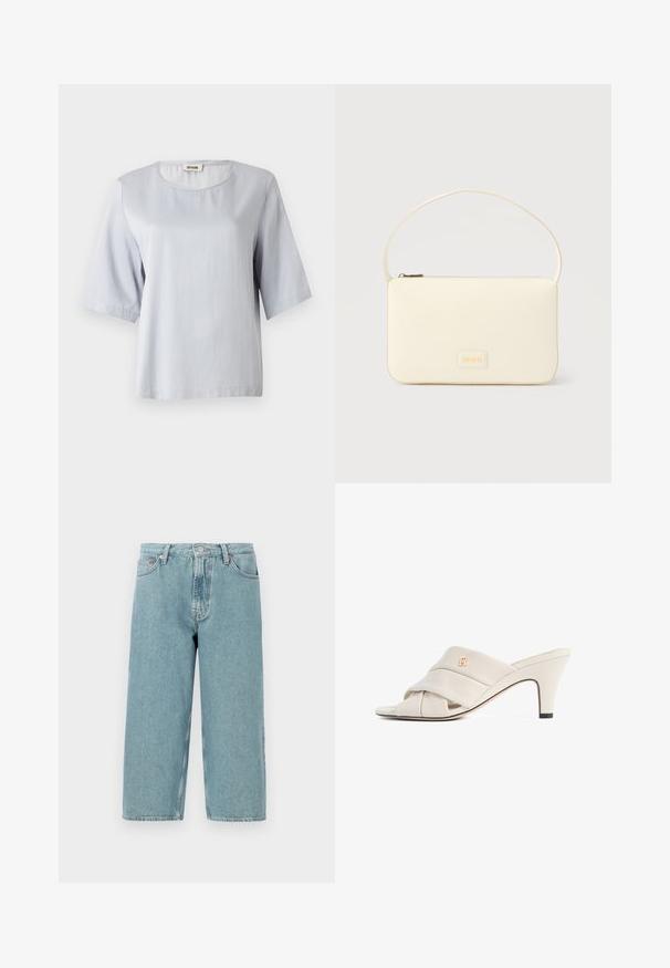 Lys grå kortærmet top med rund halsudskæring, lavet af blødt stof. Enkel design med en løs pasform, featuring rene kanter og ingen udsmykninger.; Lyseblå denimshorts med høj talje, lige snit og rå kant. Har en klassisk knap- og lynlåslukning samt fire lommer.; Beige højhælede mules med et snoet læderstropdesign, åben tå og præget logoaccent. Hælen har en sort spidsdetalje.; Kremfarvet rektangulær håndtaske med en enkelt rem og lynlås øverst, med en lille præget logo-plakette foran.