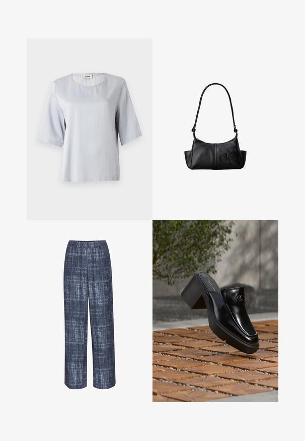 Haut gris clair à manches courtes avec un col rond, en tissu doux. Design simple avec une coupe ample, présentant des bords nets et sans ornements.; Gestuz DEMIA PANTS - Pantalon classique - dark blue; Mule slip-on en cuir noir Calvin Klein avec talon bloc reposant sur des carreaux en bois à l'extérieur près d'une plante verte et d'un mur gris.; Sac à bandoulière en cuir noir avec une longue sangle, des poches latérales et le logo Calvin Klein embossé sur le devant.