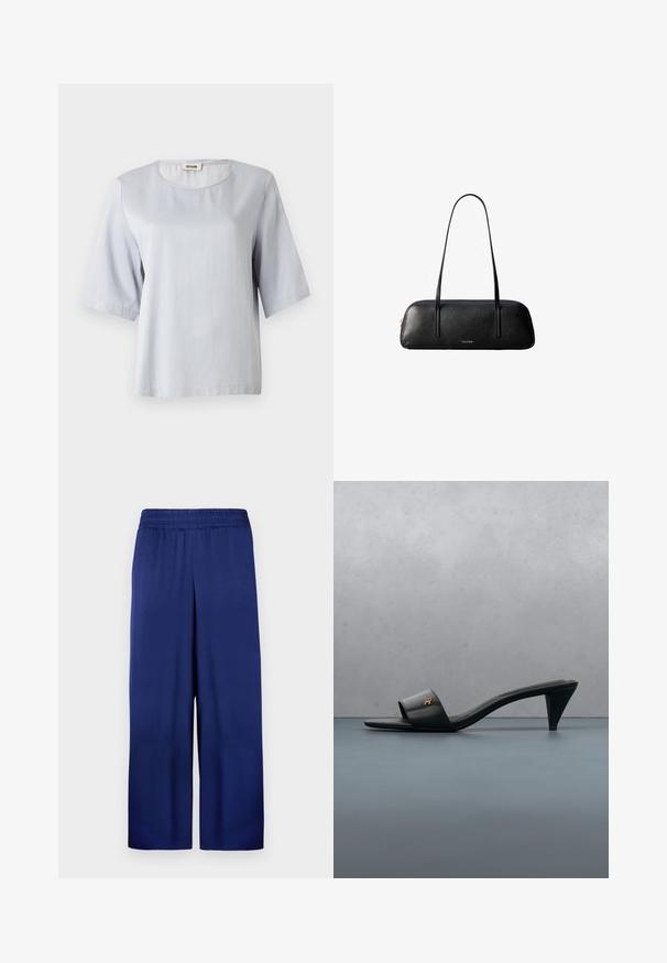 Lys grå kortærmet top med rund halsudskæring, lavet af blødt stof. Enkel design med en løs pasform, featuring rene kanter og ingen udsmykninger.; Marineblå buks med bred ben, med elastisk talje, lavet af glat stof, der har et enkelt og funktionelt design uden synlige mønstre.; Sort læder åben-toe sandal med hæl og guld logo på remmen, der svæver over en flisebelagt udendørs overflade med grønne planter i baggrunden.; Sort rektangulær læderhåndtaske med lange tynde stropper og gylden "Calvin Klein"-logo på midten foran.
