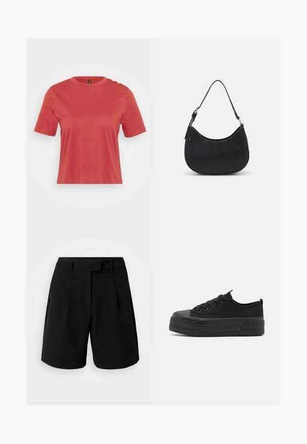 Koral kortærmet t-shirt lavet af bomuld, med rund hals og tre guldknapper på venstre skulder. Glat tekstur.; Sorte skræddersyede shorts lavet af glat stof, med høj talje, folder, bæltestropper og sidelommer, med et rent design.; Svarte lærersneakers med en ribbet gummisål, rund tå og seks snørrehuller. Glat tekstur med en kontrasterende ribbet detalje på bunden.; Sort hobo taske lavet af glat læder med en buet silhuet, der har en enkelt justerbar skulderrem og minimalistiske designdetaljer.