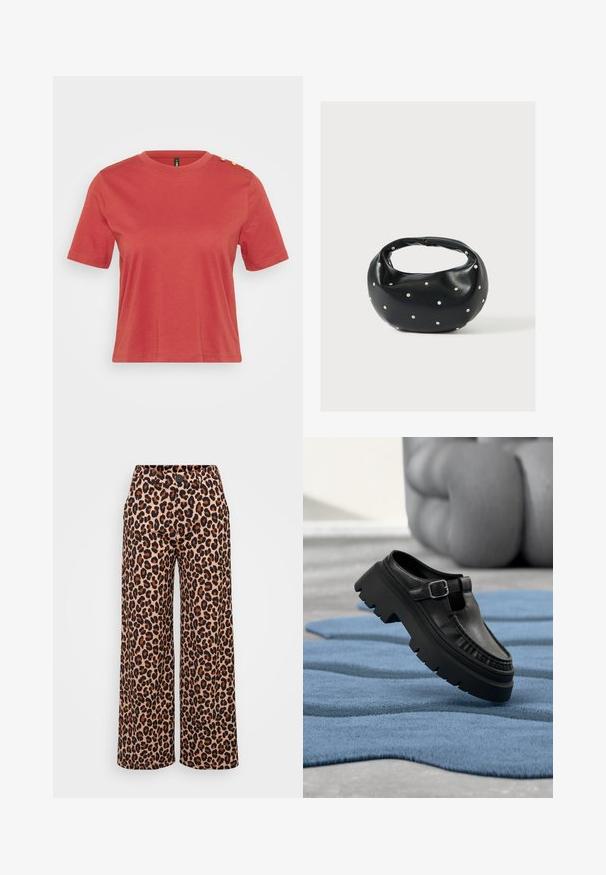 Koral kortærmet t-shirt lavet af bomuld, med rund hals og tre guldknapper på venstre skulder. Glat tekstur.; Even&Odd Petite P-EO-AW21-A-003-SP / PETITE_TAILORED WIDE LEG TROUSERS - Bukser - brown; Sort læderloafer med chunky profil sål og sølvspænde, placeret i en vinkel på et struktureret blåt tæppe.; Sort læderhåndtaske med en rundet form, dekoreret med sølvnitter, og et kort håndtag. Glat tekstur og lynlåslukning.