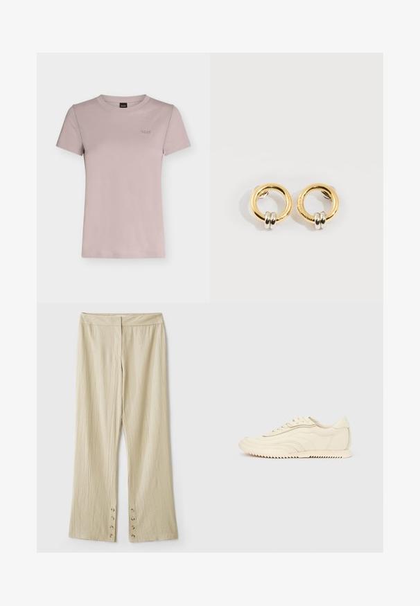 Camiseta de algodón de color malva claro con manga corta y cuello redondo, con pequeño logo "BOSS" bordado en el pecho izquierdo.; Pantalones beige de pierna ancha hechos de tela texturizada, con una cintura lisa y detalles de botones en el dobladillo.; Zapatilla de perfil bajo color crema con costuras onduladas, cierre de cordones y suela acanalada, mostrada de lado sobre un fondo liso.; Pendientes circulares de oro con dos pequeños anillos de plata en cada uno, que muestran detalles sutiles del nombre de la marca grabado, colocados sobre un fondo blanco.