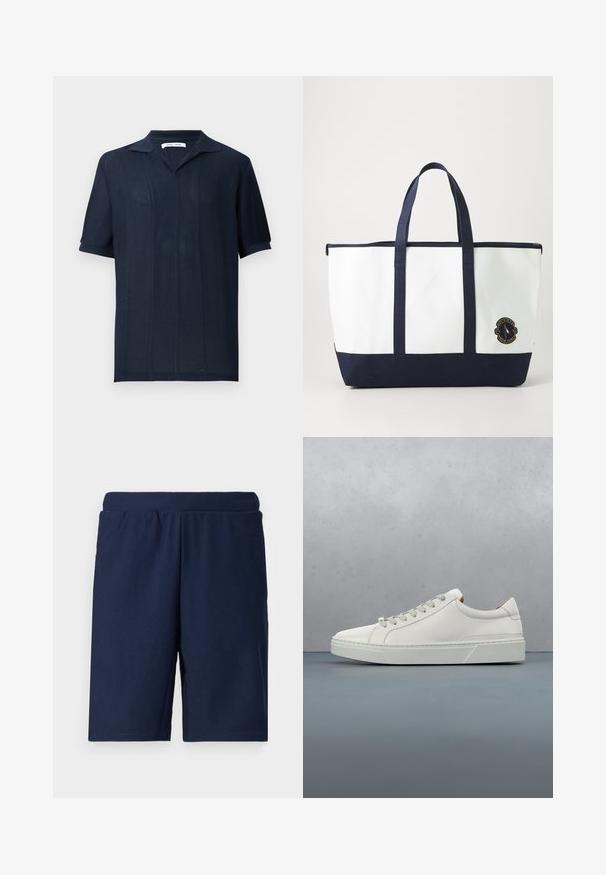 Samsøe Samsøe SATRAVIS POLO - Poloshirts - salute; Marineblå sportsbukser med ribbet tekstur, elastisk talje og lige snit, designet til komfort og bevægelsesfrihed.; Hvid lædersneaker med rund tå, minimalistisk design, grå snørebånd og en tekstureret grå gummisål. Subtile syningsdetaljer er synlige.; Tote bag lavet af hvidt lærred med marineblå accenter. Har to robuste håndtag og et logo-patch på fronten. Firkantet form.