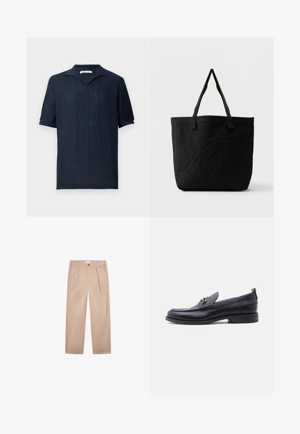 Samsøe Samsøe SATRAVIS POLO - Poloshirt - salute; Khaaki-Hosen aus Baumwolle mit geradem Bein, ausgestattet mit zwei Vordertaschen, einem Knopfverschluss und einer klassischen Passform.; Schwarzer Lederloafer mit grauem, strukturiertem Vorderblatt, silberner Metallschnalle, niedrigem Absatz und Zuglasche hinten.; Schwarze Canvas-Shopper-Tasche mit zwei Schulterriemen und einem dezenten, eingeprägten kreisförmigen Design auf der Vorderseite.