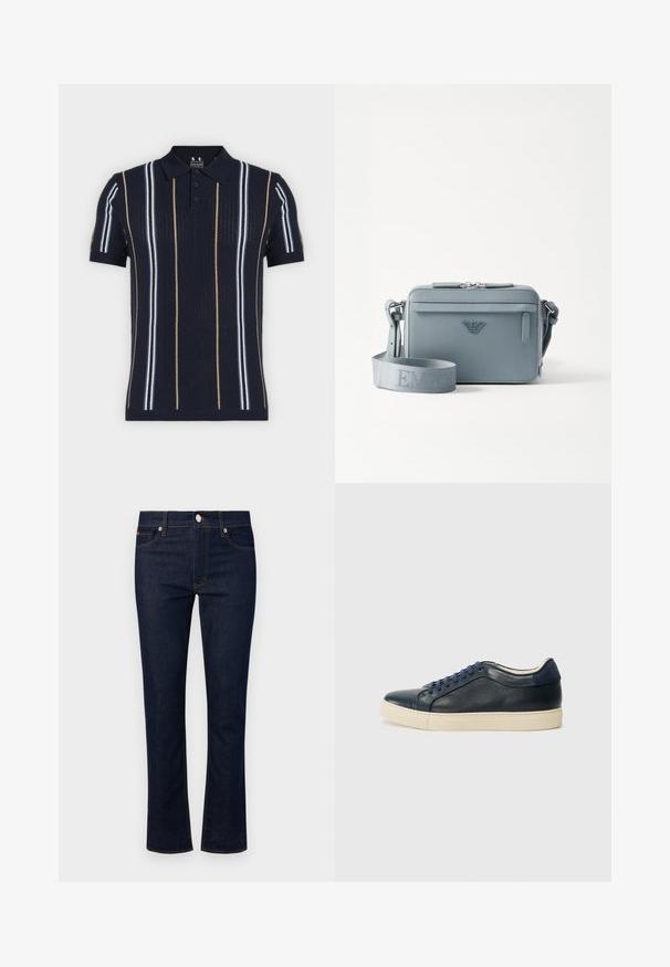 Marineblauw gebreide polo met korte mouwen, verticale witte en beige strepen, een knoopsluiting en geribde kraag en manchetten.; Denim jeans met een donkerblauwe wassing, rechte broekspijpen, vijf zakken en contrasterende stiksels. Voorzien van een sluiting met knoop aan de voorkant.; Marineblauwe leren sneaker met een crèmekleurige rubbersole, voorzien van blauwe veters en een gladde textuur. Ronde neus en minimalistisch ontwerp.; Blauwe gestructureerde crossbody tas van textuurmateriaal, met een ritsluiting, een voorvak en een verstelbare schouderband met "EMPOR" branding.