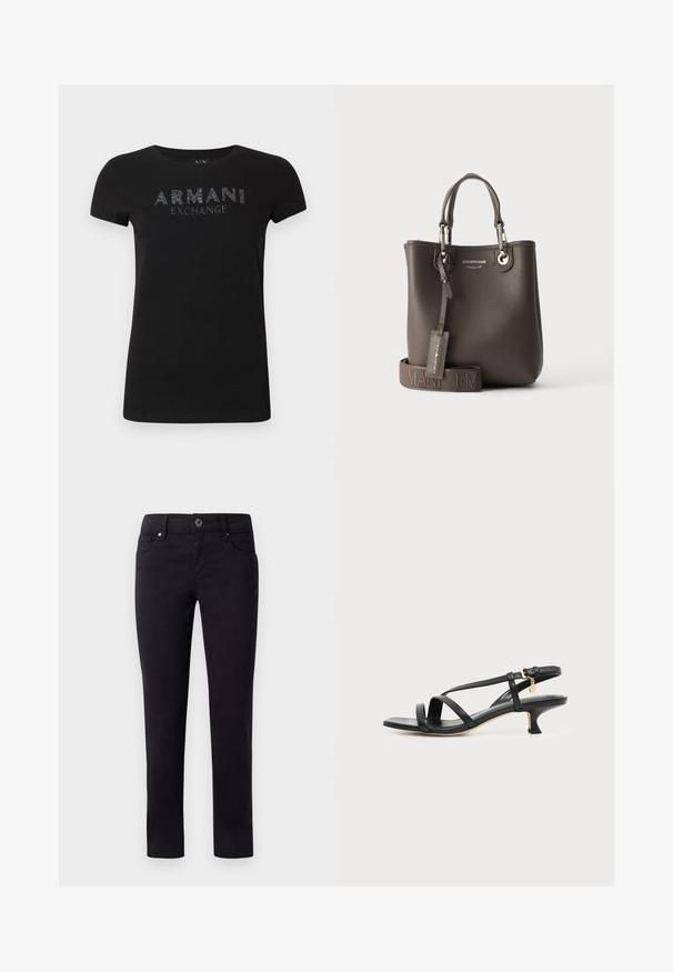 Zwart T-shirt van glad katoen met "ARMANI EXCHANGE" in glanzende, gestructureerde letters op de borst. Klassieke ronde hals.; Zwarte katoen broek met een recht poten ontwerp, voorzien van zijzakken en een knoopsluiting op de taille. Gladde textuur en geen patronen.; Zwarte leren sandaal met smalle bandjes, lage kittenhak, enkelriempje en een klein gouden hangertje tegen een effen lichte achtergrond.; Donkerbruine gestructureerde leren tote bag met twee handvatten, een afneembare merkriem en een hanglabel met de merknaam in reliëf.