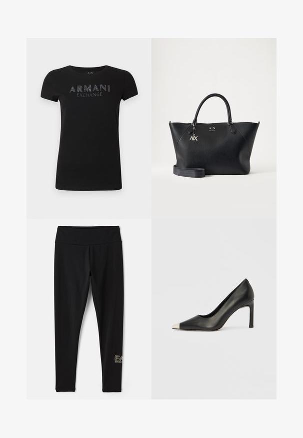 Μαύρο T-shirt από απαλό βαμβάκι, με το λογότυπο "ARMANI EXCHANGE" σε λαμπερά, υφήγρά γράμματα στο στήθος. Κλασικός στρογγυλός λαιμός.; EA7 Emporio Armani Κολάν - Παντελόνια - black/gold-coloured; Μαύρο δερμάτινο γυναικείο παπούτσι με ψηλό τακούνι, μυτερή μύτη και μεταλλική ασημί μύτη. Διαθέτει λείο φινίρισμα και λεπτό τακούνι 10 εκ.; Μαύρη δερμάτινη τσάντα Armani Exchange με δύο λαβές, ασημένιο κρεμαστό A|X και αποσπώμενο ιμάντα ώμου σε απλό φωτεινό φόντο.