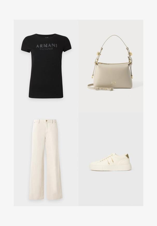 T-shirt noir en coton lisse, avec "ARMANI EXCHANGE" en lettres texturées brillantes sur la poitrine. Encolure ronde classique.; Pantalons larges beiges en coton avec une texture lisse. Comprend une fermeture à bouton, des poches avant et un design de taille classique.; Baskets basses de couleur crème avec des accents dorés, des lacets et un marquage « Armani Exchange » en relief sur la semelle et le patch latéral.; Sac à bandoulière en cuir beige avec bandoulière réglable, ferrures dorées et logo A|X Armani Exchange à l’avant.