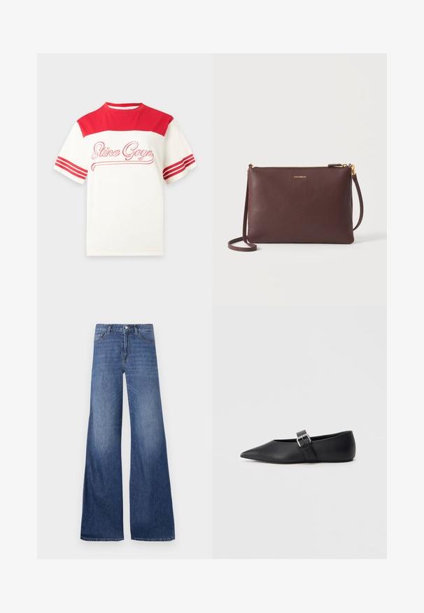 Wit en rood t-shirt met korte mouwen met rode strepen op de mouwen en een "Stine Goya" scriptlogo over de borst; Wijd-facebook denim jeans in een middelblauwe wassing, met vijf zakken, riemlussen en een knoopsluiting. Glad textuur met een lichte vervaging.; Zwarte leren platte schoen met puntige neus en zijriem met gesp. Gladde textuur, minimalistisch ontwerp, laag profiel. Geschikt voor casual draagstijl.; Bruine leren crossbodytas met gouden ritssluiting en klein gouden logo "COCCINELLE" gecentreerd nabij de bovenkant.
