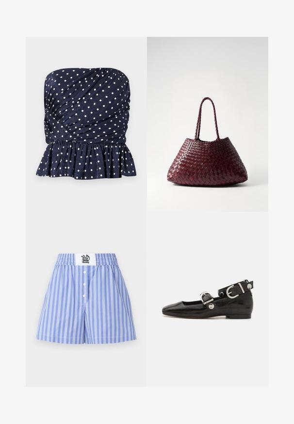 Navyblauwe strapless top met witte polka dots, voorzien van geplooide stof en een gerimpelde zoom ter hoogte van de taille.; Blauwe en witte gestreepte shorts met een elastische tailleband, een knoopsluiting aan de voorkant en een wit logo-accent op de tailleband.; Zwarte gepatineerde leren platte schoen met een vierkante neus, enkelband met zilverkleurige hardware en platte zool. Gladde textuur met minimalistisch ontwerp.; DRAGON DIFFUSION SANTA CROCE BIG - Handtas - bordo
