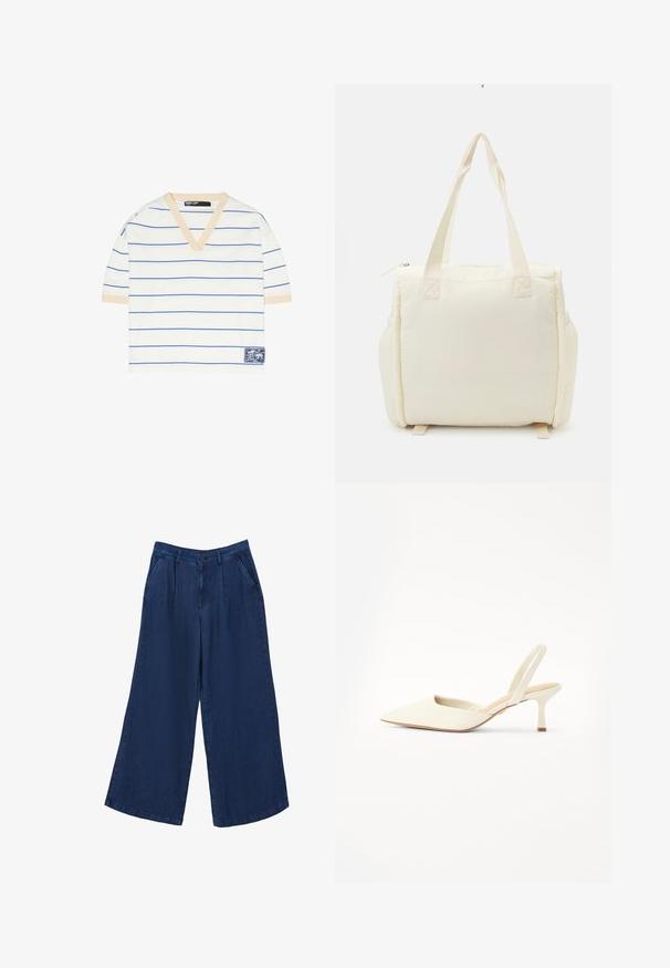 Camiseta blanca de manga corta con cuello en V, con finas rayas horizontales azules, ribete beige en el cuello y las mangas, y un pequeño parche cosido en la parte inferior.; Pantalones vaqueros de pierna ancha en azul oscuro. Presentan dos bolsillos frontales, un cierre de botón y una textura suave con una tela ligera.; Zapato de tacón con punta afilada y espalda descubierta en un material blanco hueso liso con un brillo sutil, que cuenta con un tacón delgado y un diseño minimalista.; Bolso tote de color crema con textura acolchada suave y dos asas resistentes. Cuenta con un cierre de cremallera y bolsillos laterales para almacenamiento adicional.